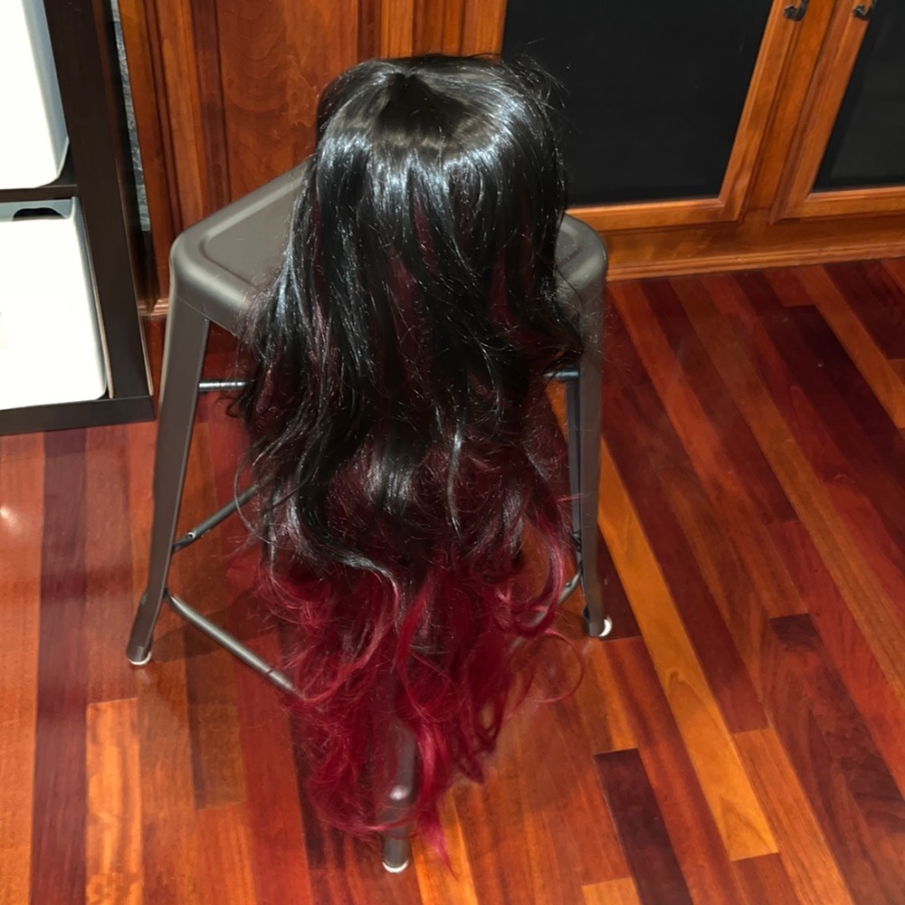 33” Silky Wig, Dark brown and red layered loose curls with bangs